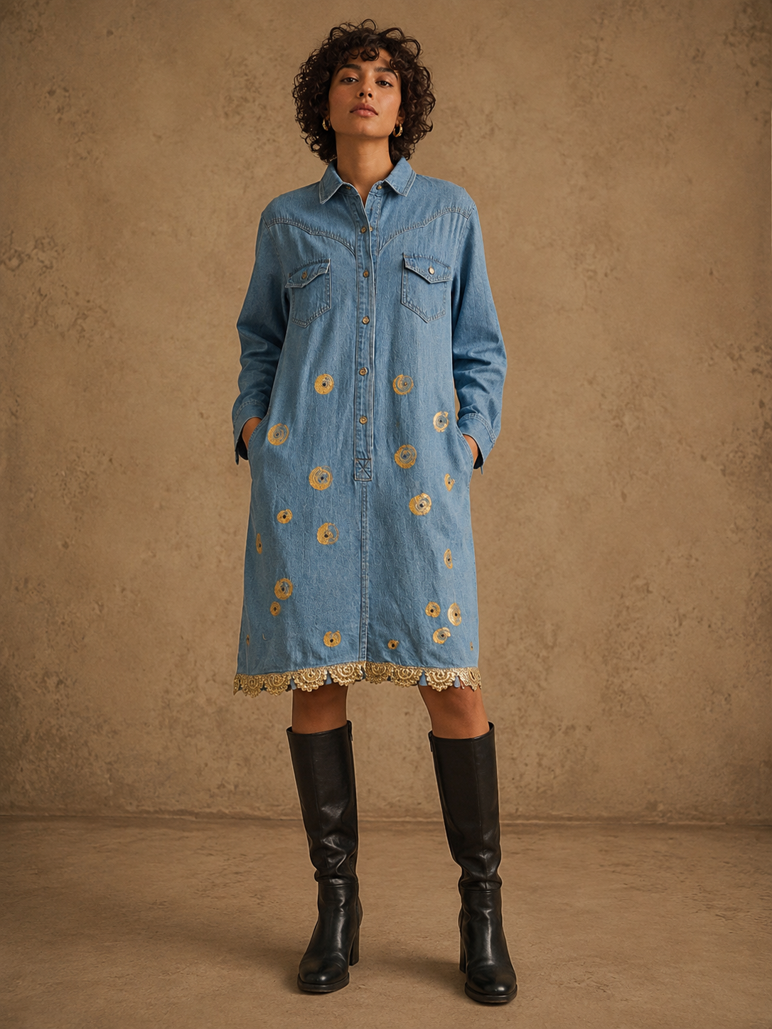 Aanshik Handcrafted Denim Dress with Patchwork, Hand Painting & Hand Embroidery