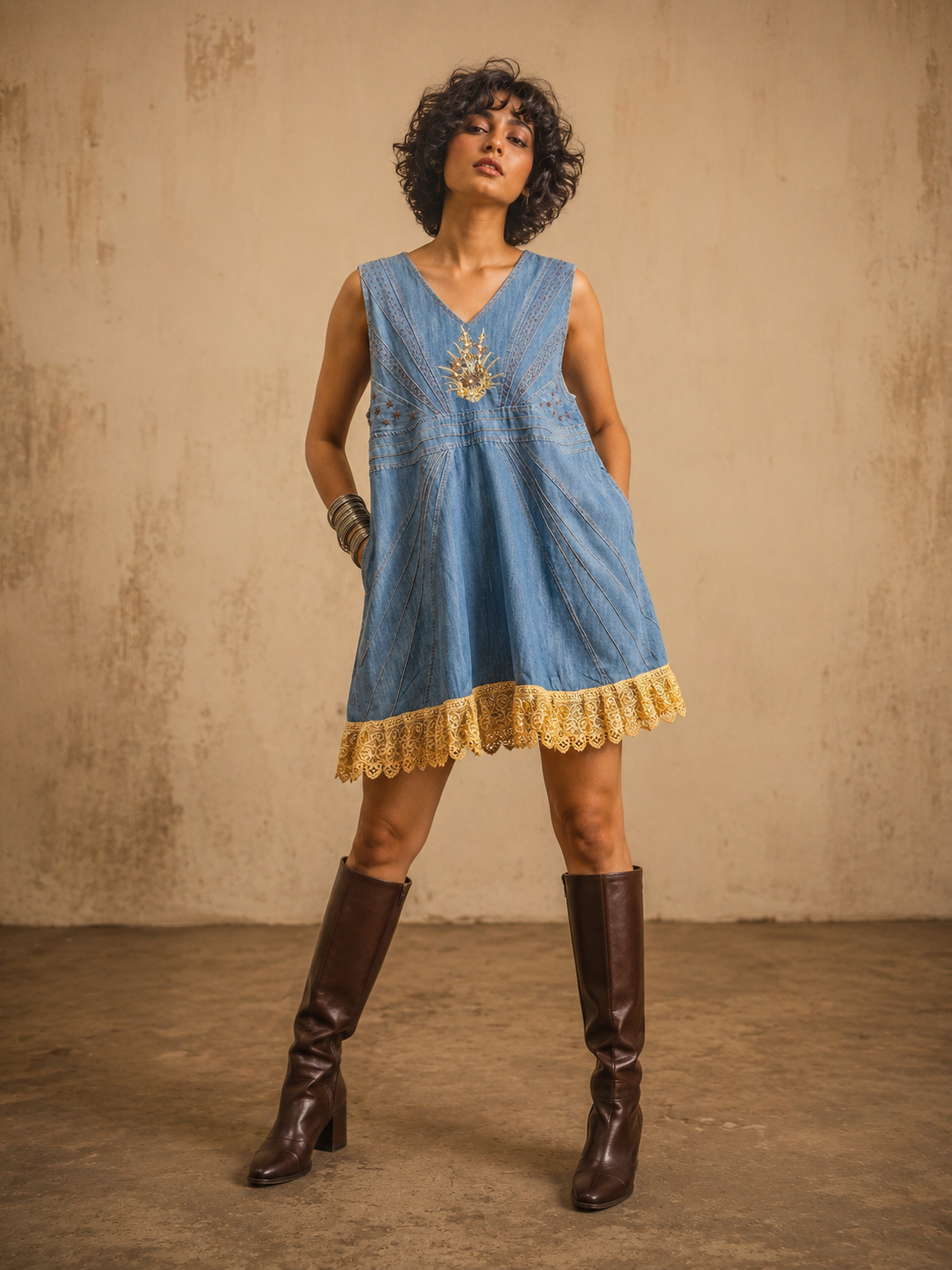 The Flora & Fauna Handcrafted Denim Dress/Top with Patchwork, Hand Painting & Hand Embroidery