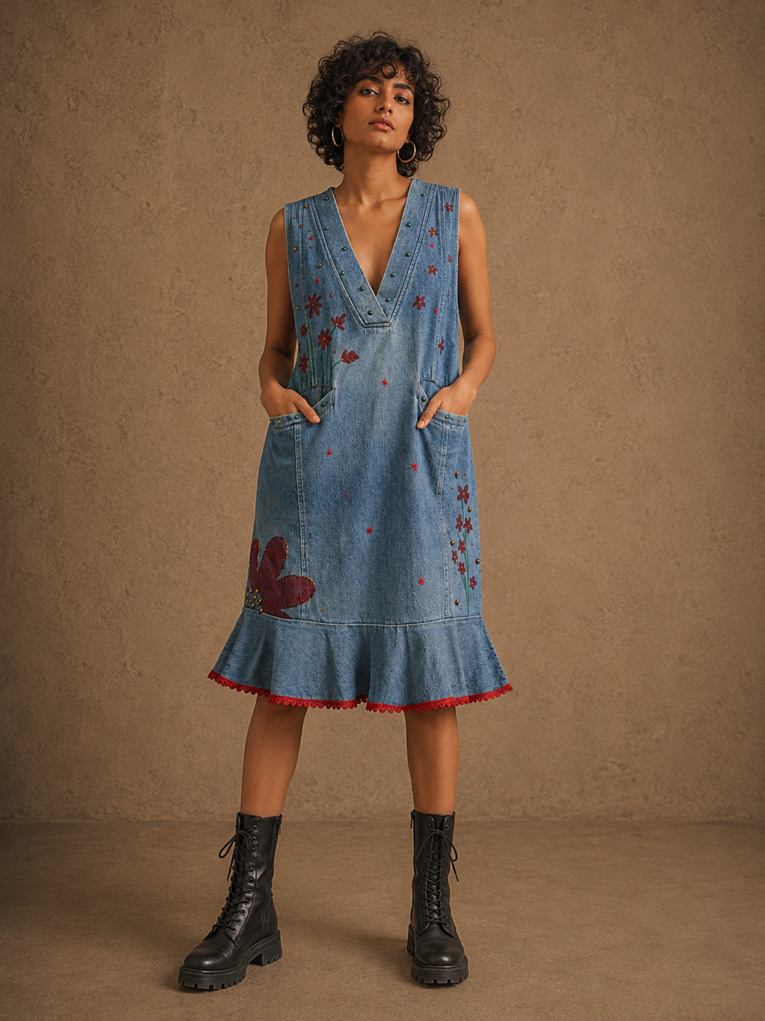 Blossom Handcrafted Denim Dangree with Hand Embroidery, Beads & Lace