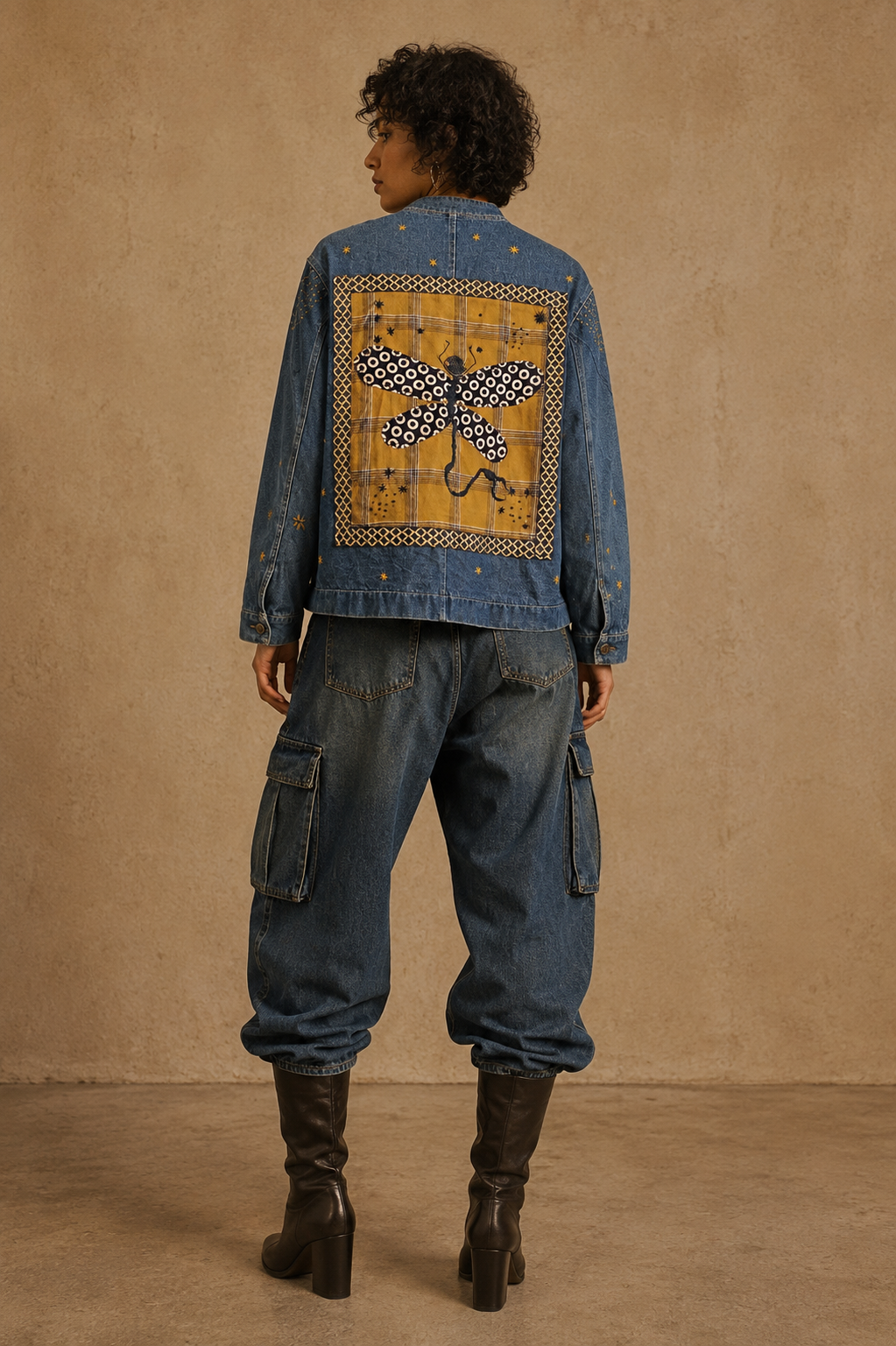 Dragonfly Handcrafted Denim Jacket with Patchwork, Embroidery & Beads