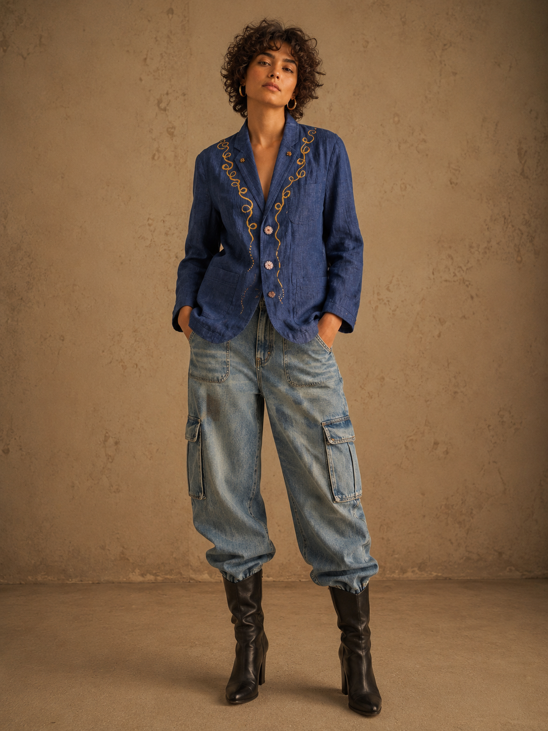 Aanshik Handcrafted Linen Blazer with Hand Painting, Hand Embroidery & Beads