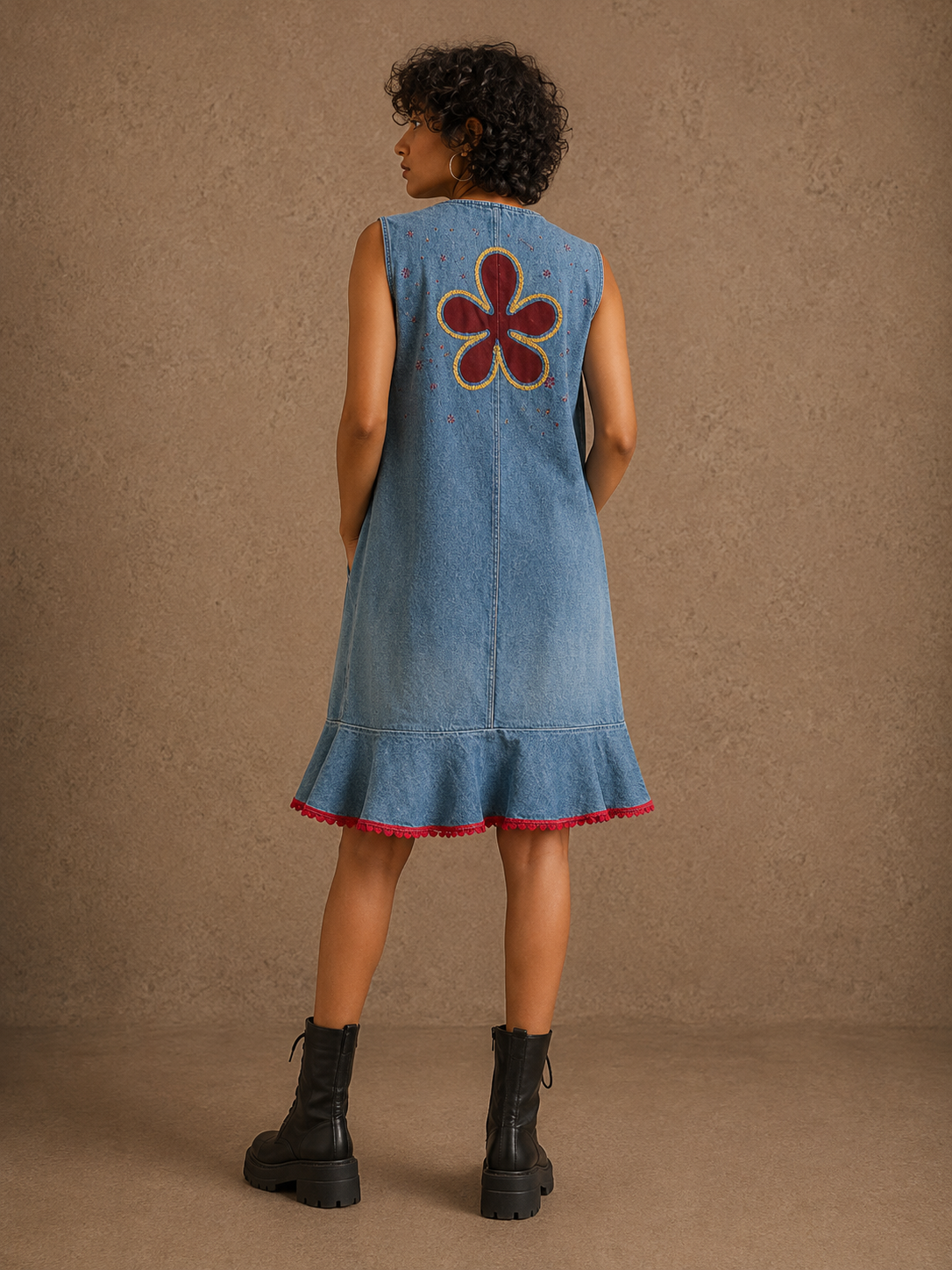 Blossom Handcrafted Denim Dangree with Hand Embroidery, Beads & Lace