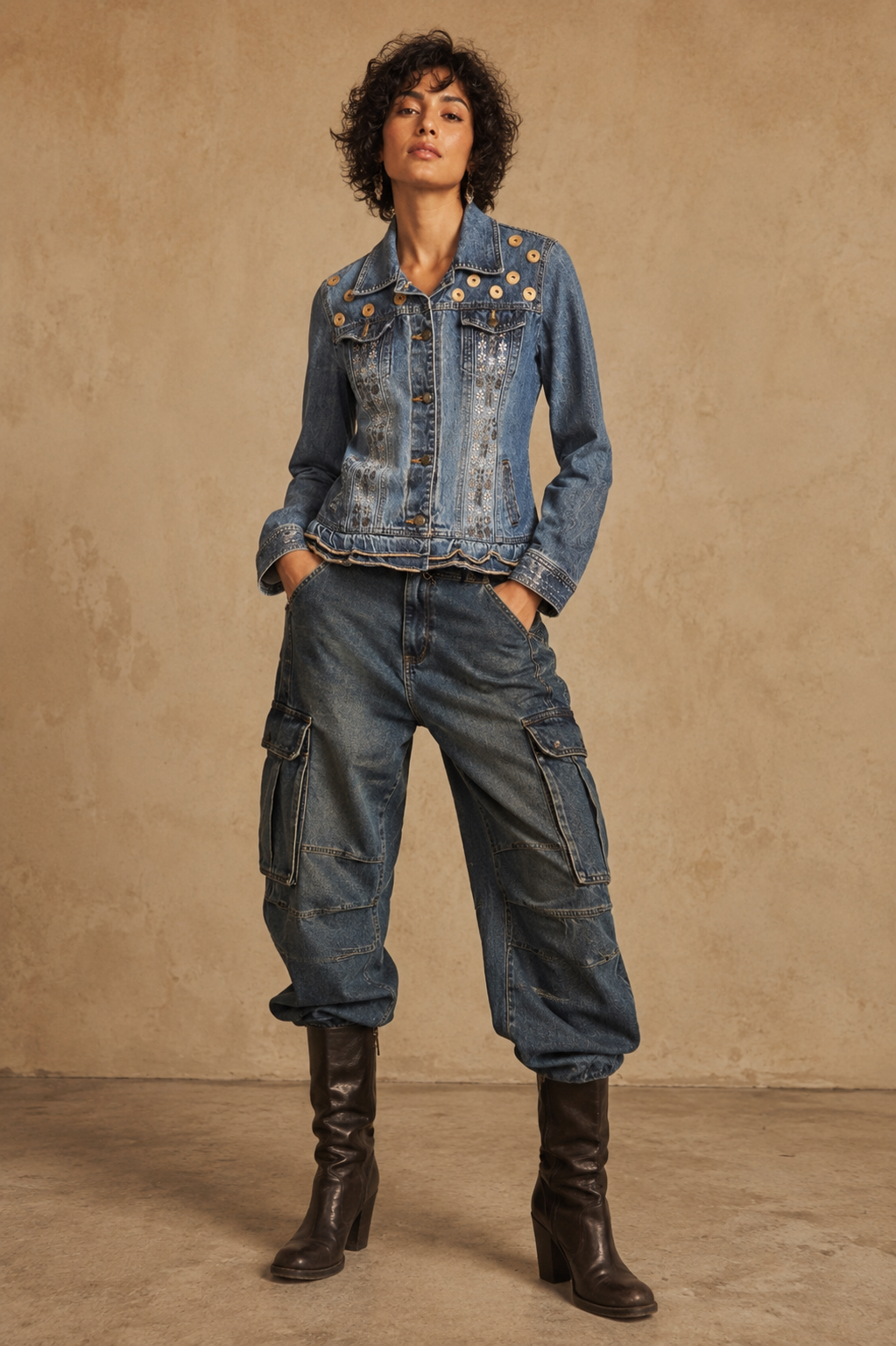 Blossom Handcrafted Denim Jacket with Patchwork, Applique, Lace & Buttons
