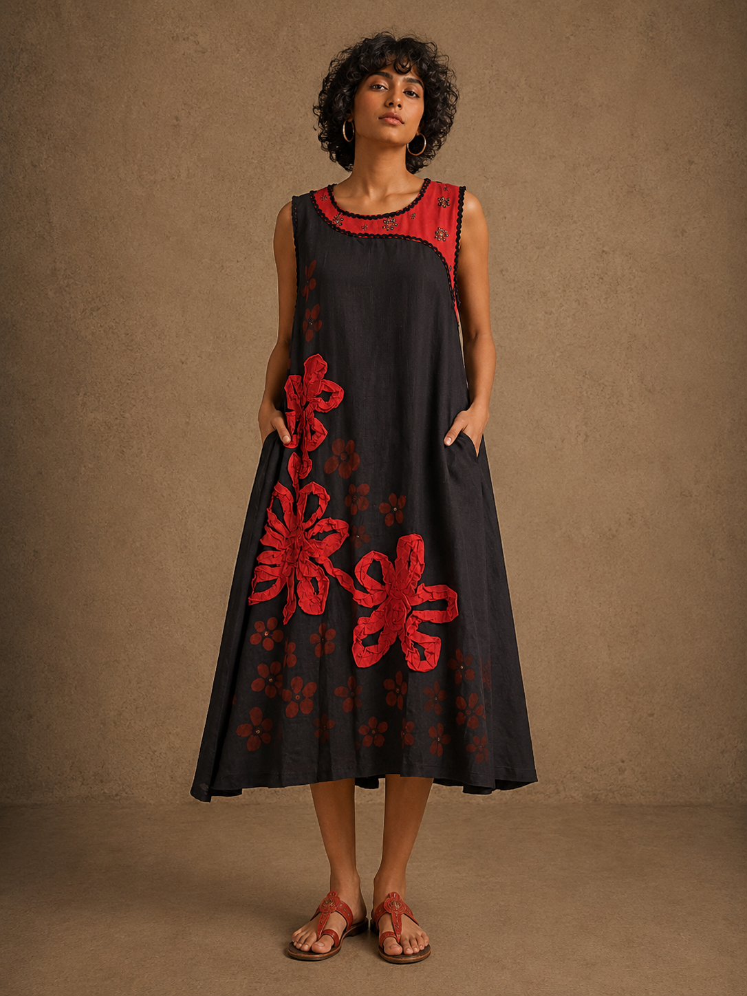 Blossom Handcrafted Linen Dress with Patchwork, Sequins & Lace