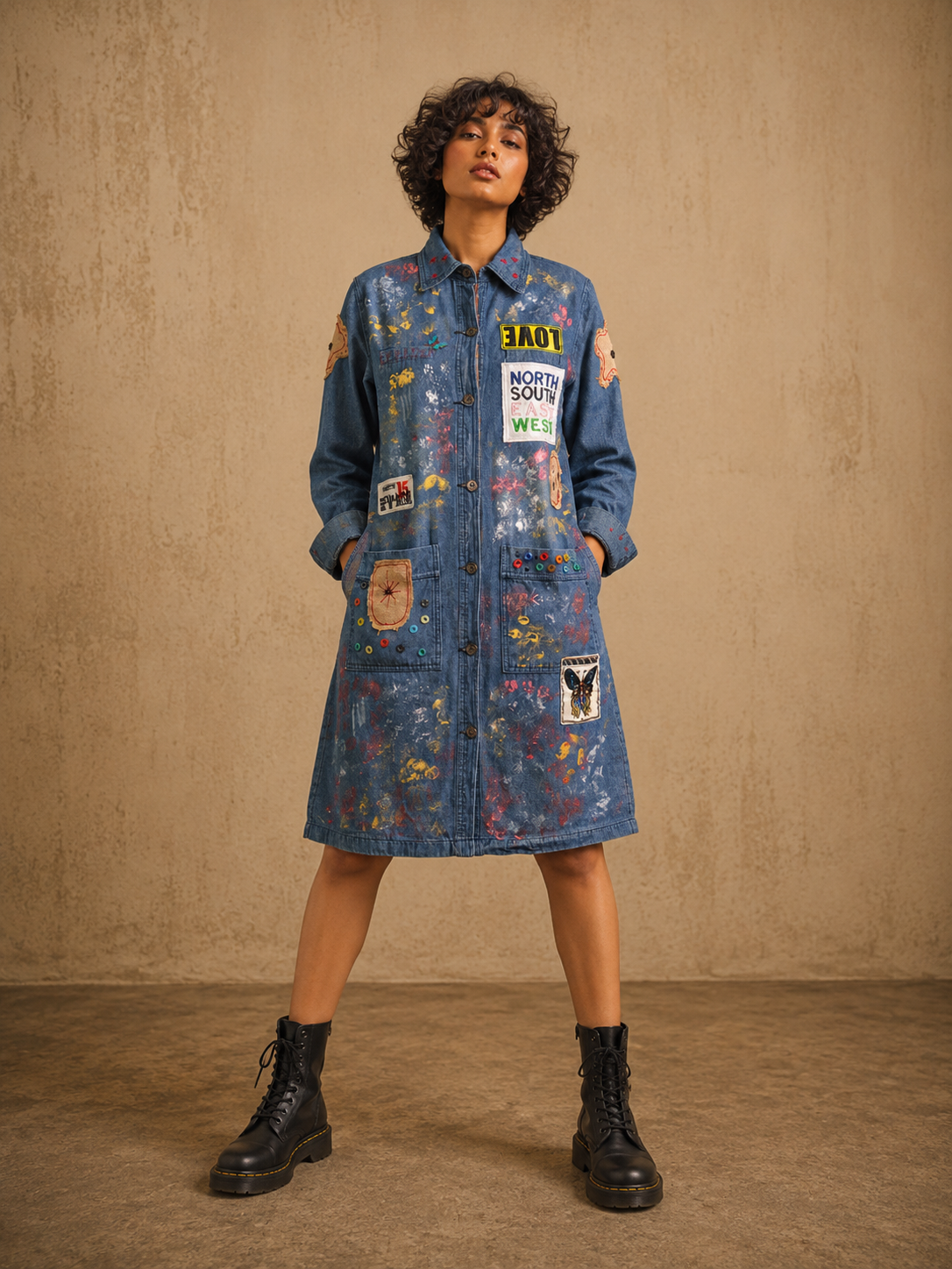 Retro Doodles Handcrafted Denim Long Jacket/Dress with Patchwork, Charms & Embroidery
