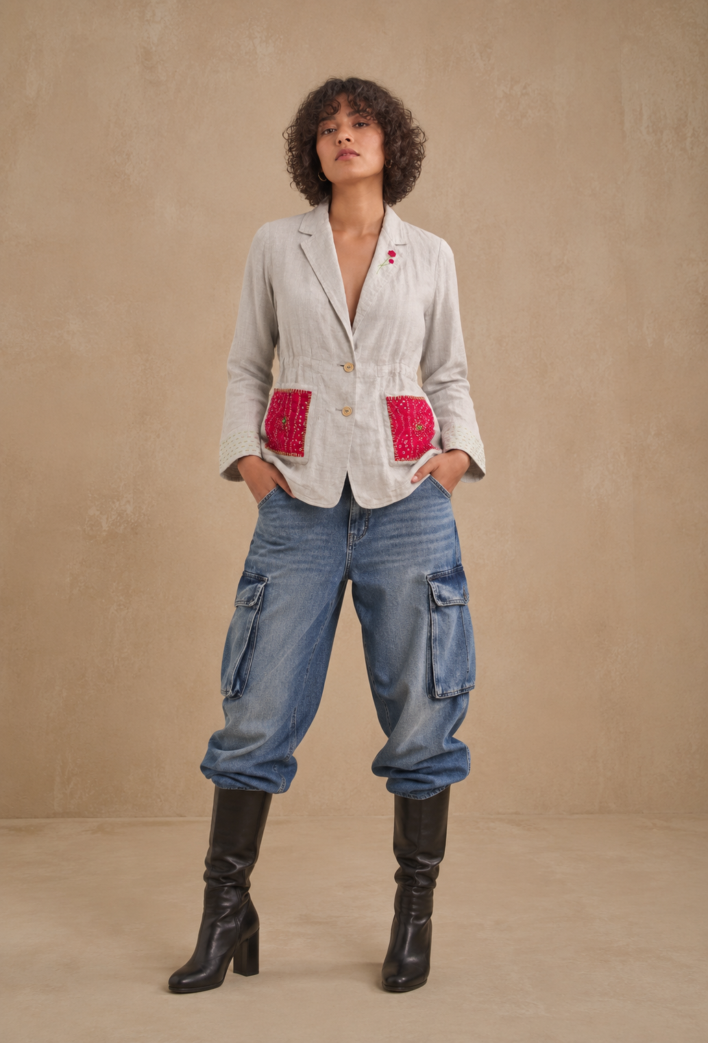 Khamma Ghani Handcrafted Khadi Cotton Blazer with Patchwork, Embroidery & Beads