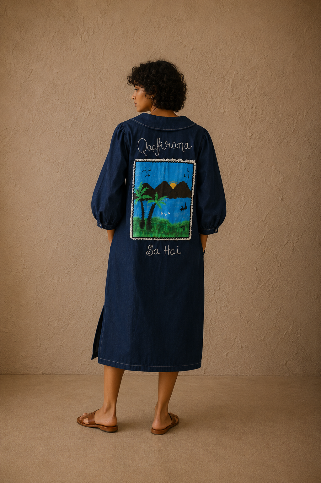 Wandersoul Handcrafted Cotton Dress with Applique, Lace & Beads
