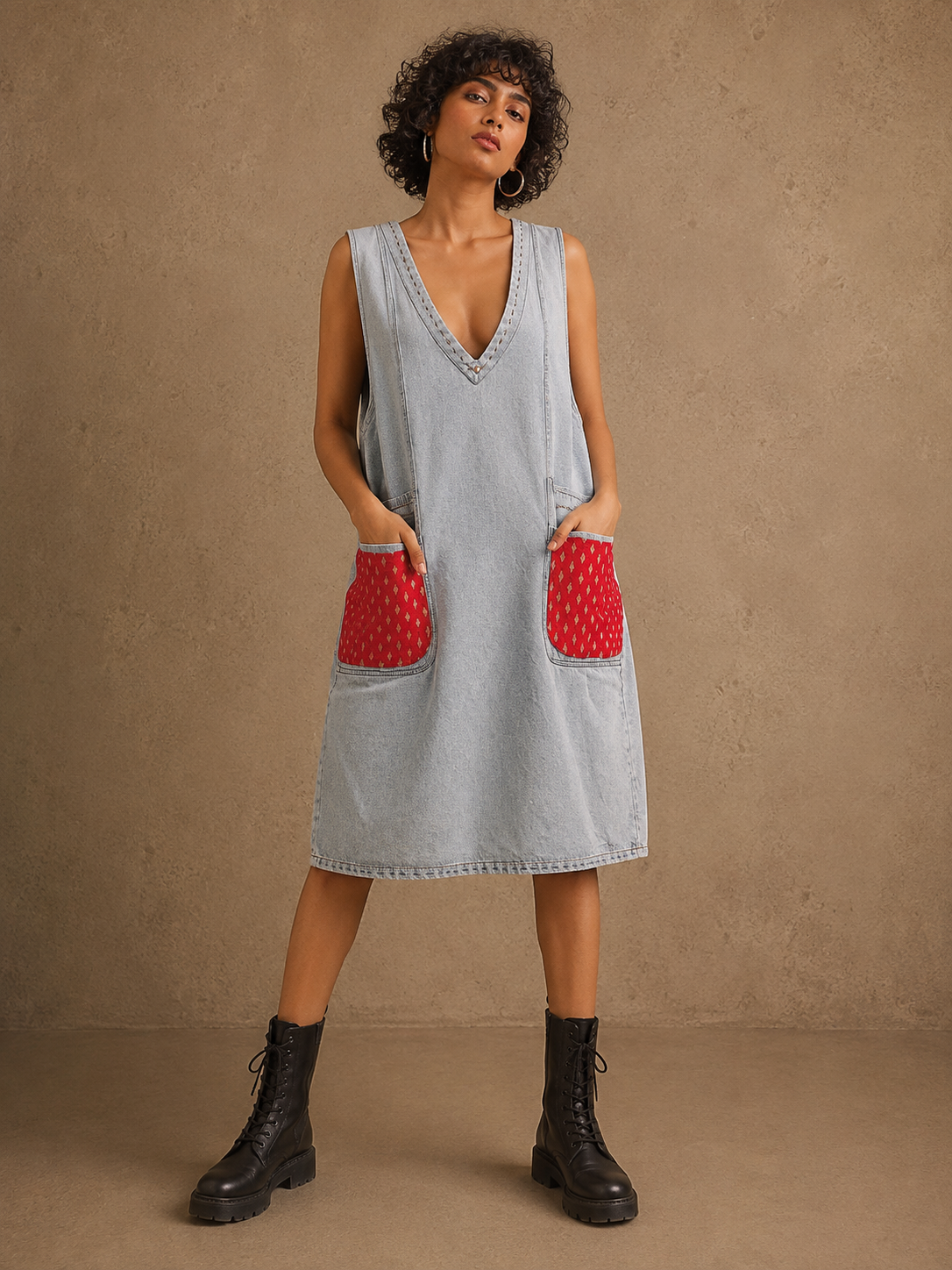Khamma Ghani Handcrafted Denim Dangree with Patchwork, Embroidery & Beads