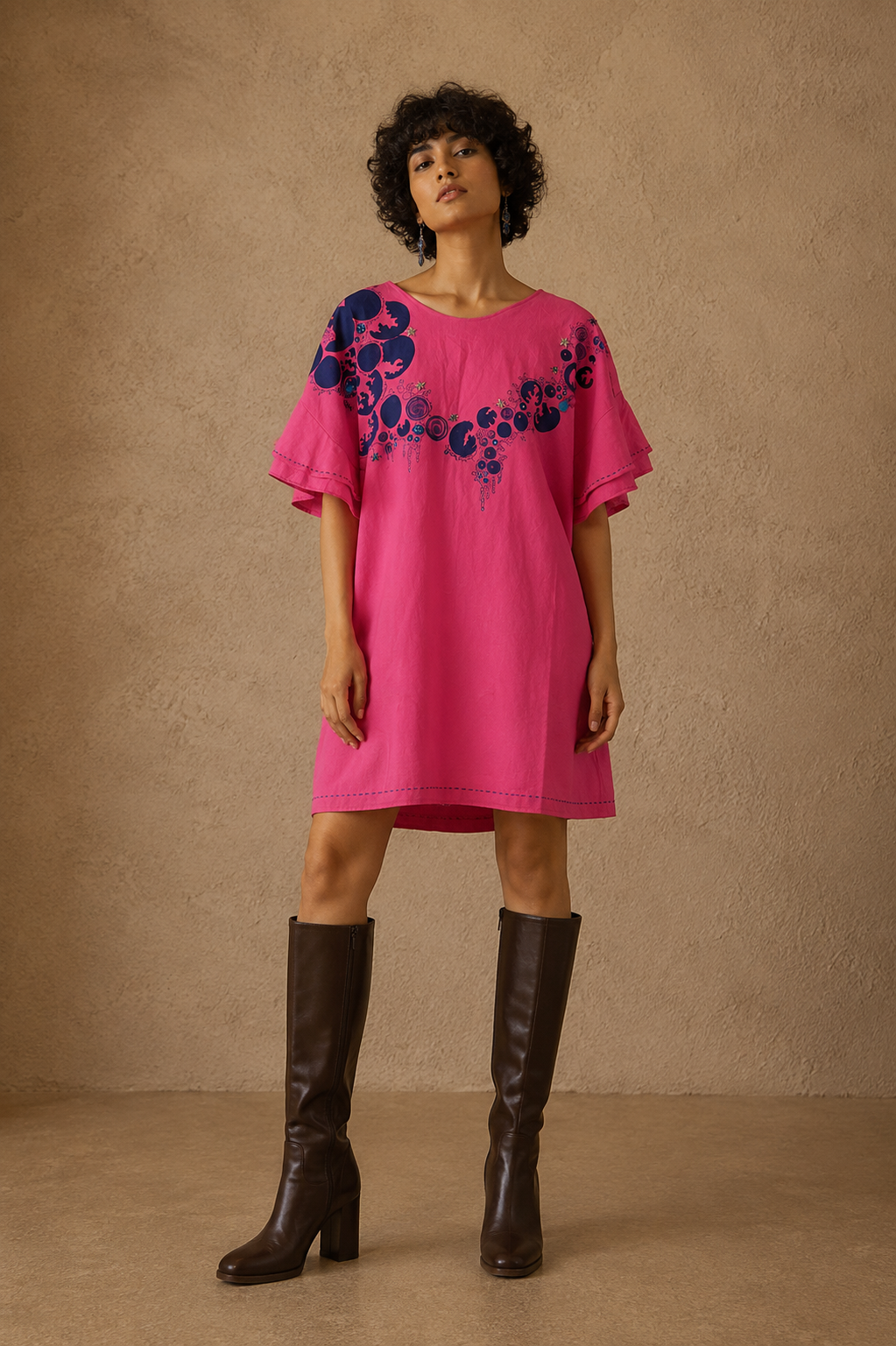 Flora & Fauna Handcrafted Cotton-Linen Dress with Beads, Charms & Sequins