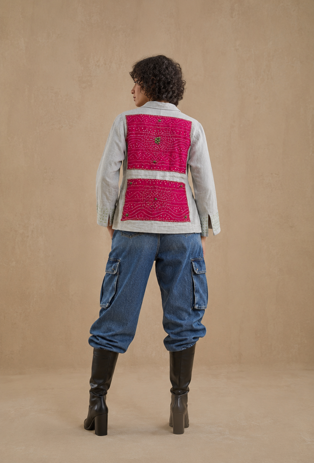Khamma Ghani Handcrafted Khadi Cotton Blazer with Patchwork, Embroidery & Beads