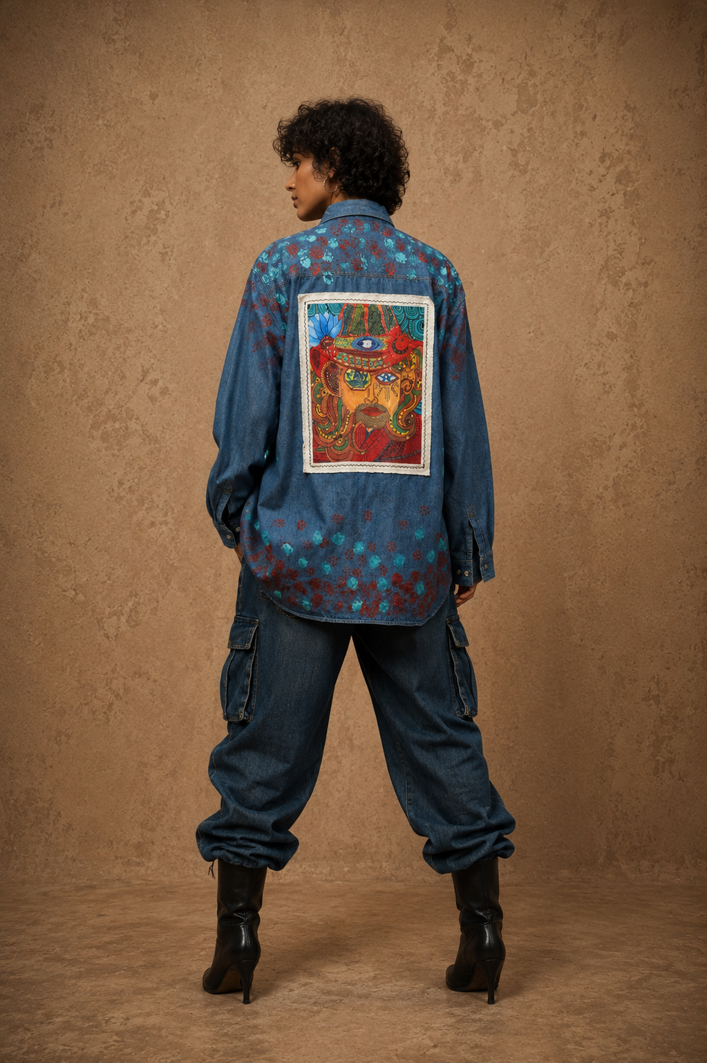 The Exotic Bohos Handcrafted Denim Unisex Shirt with Hand Painting, Hand Embroidery & Beads