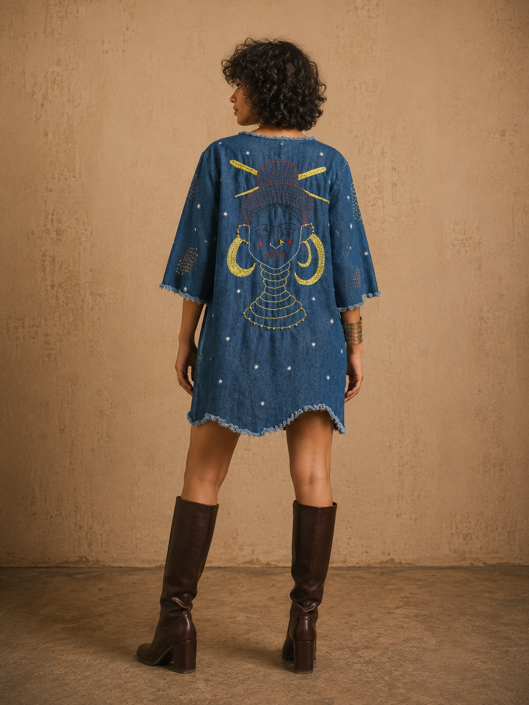 Charismatic Tribes Handcrafted Denim Dress with Beads, Embroidery & Shells