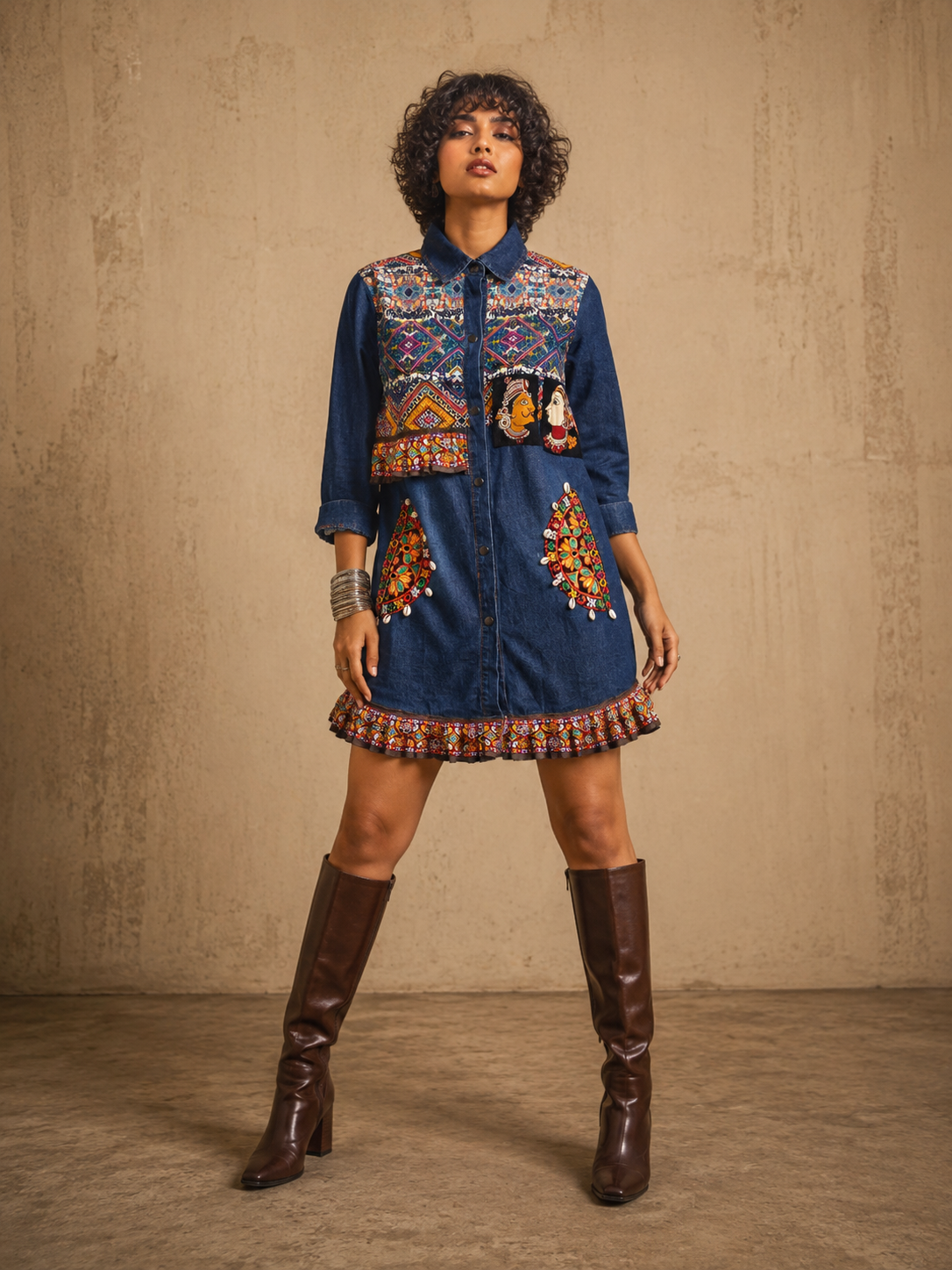 The Exotic Bohos Handcrafted Denim Cotton Dress with Patchwork, Hand Painting & Hand Embroidery