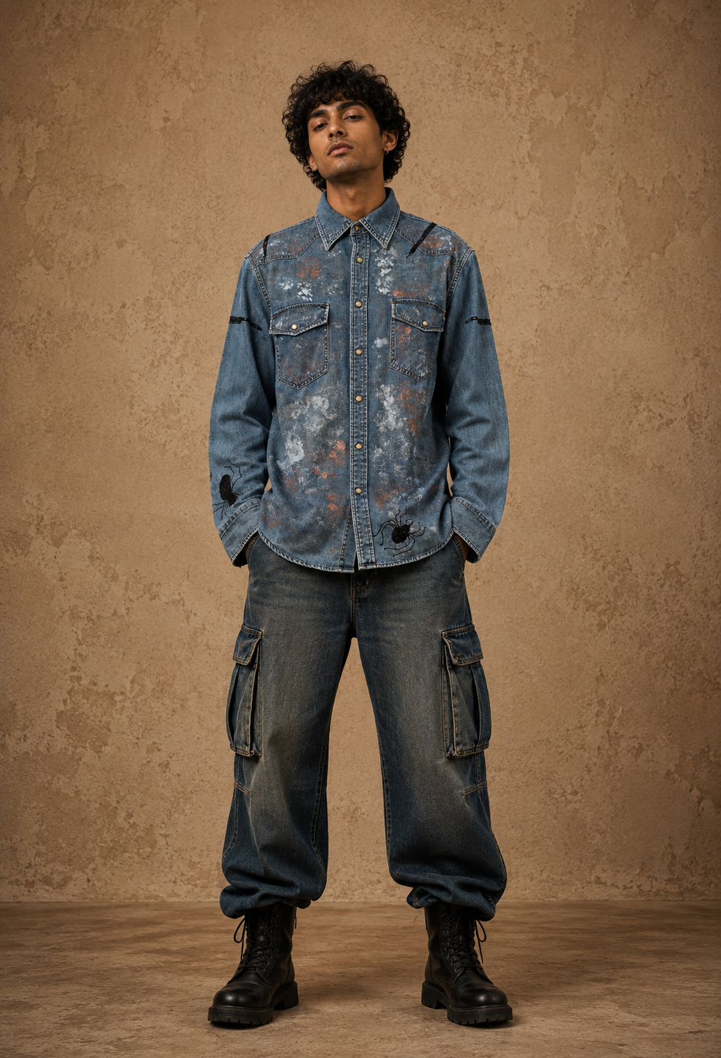 The Flora & Fauna Handcrafted Denim Unisex Shirt with Hand Painting, Hand Embroidery & Beads