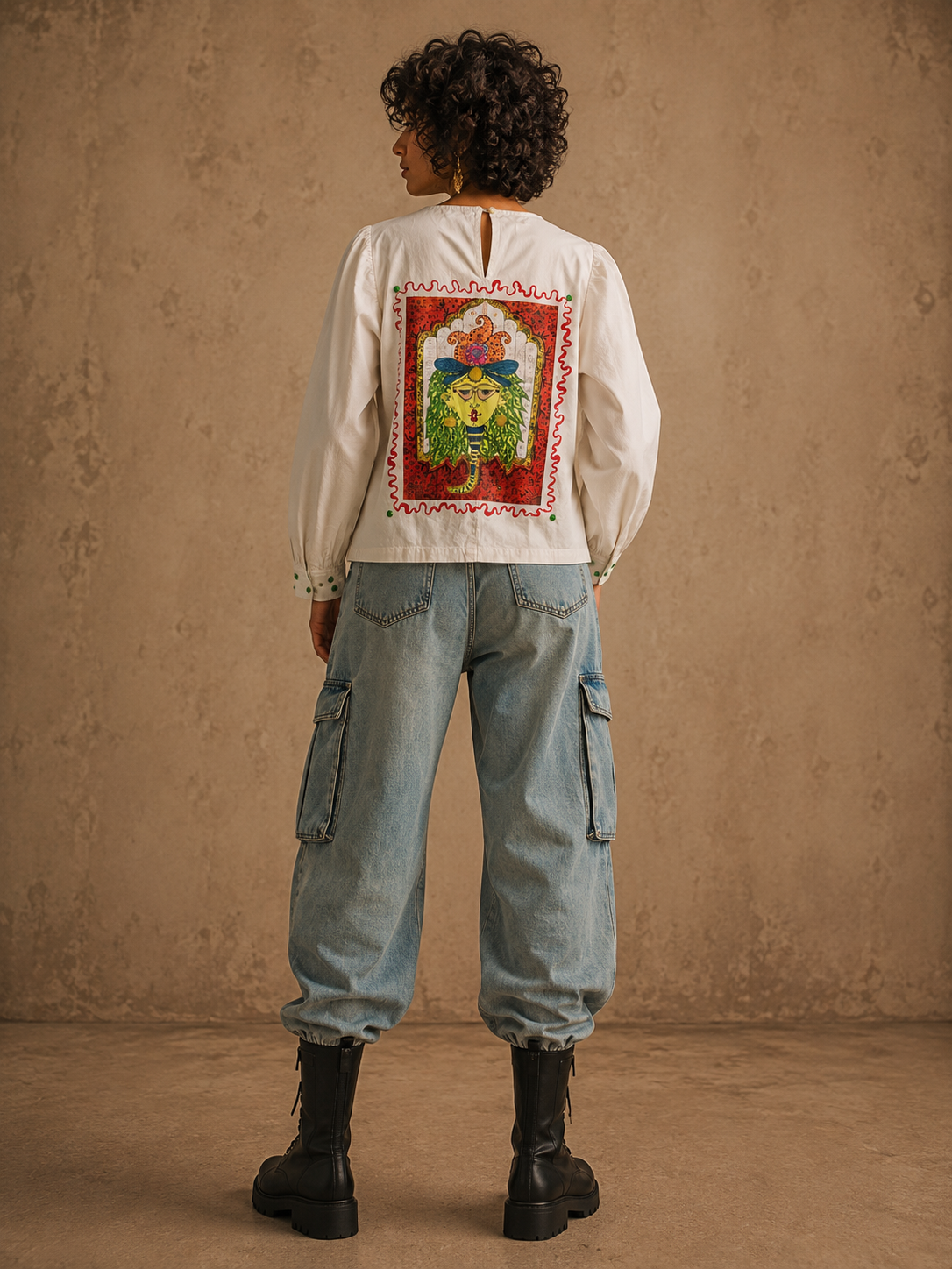 Aanshik Handcrafted Cotton Top with Hand Painting, Hand Embroidery & Beads