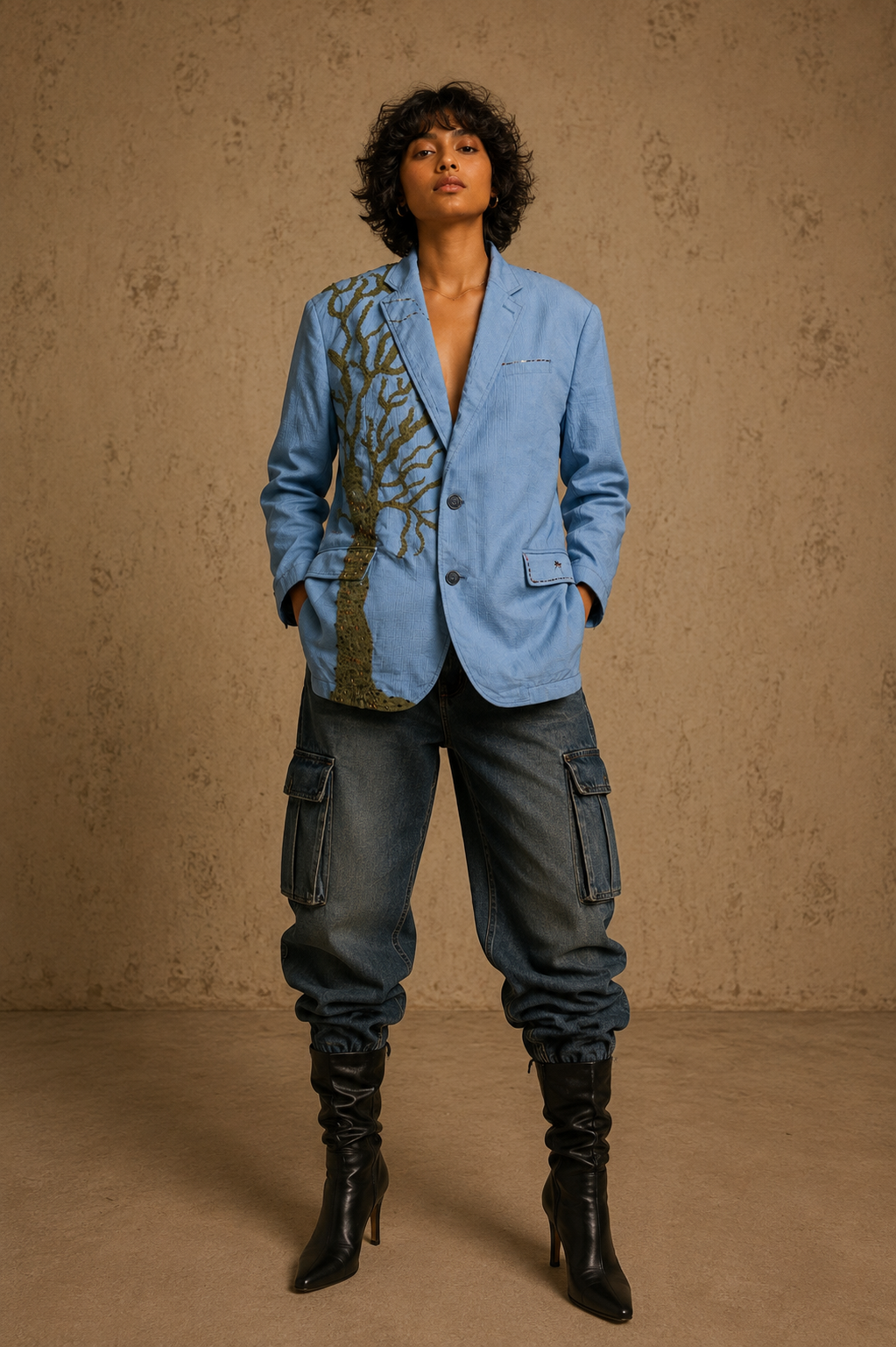 The Flora & Fauna Handcrafted Polyester Blazer with Hand Painting, Hand Embroidery & Beads