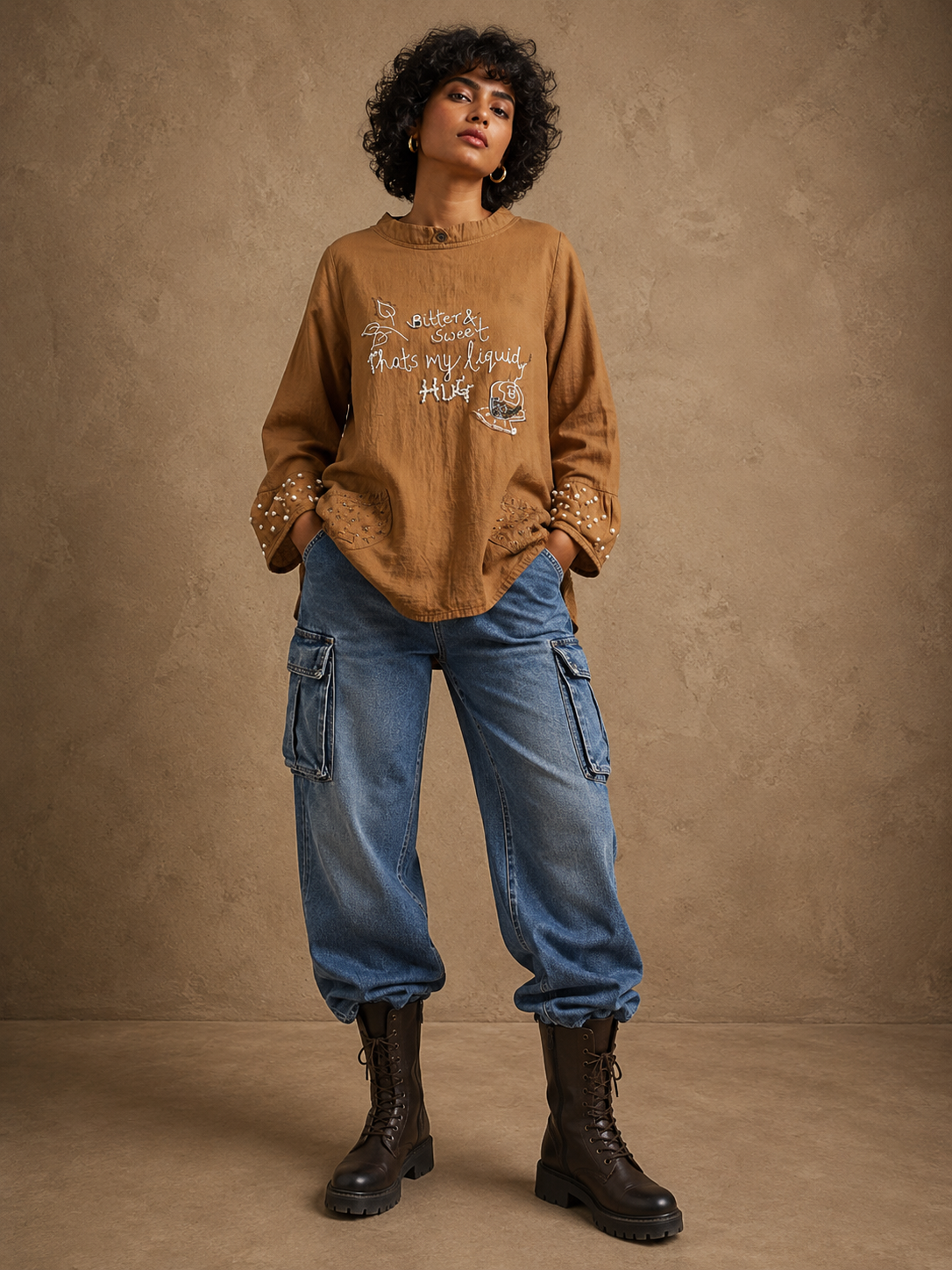 Caffeine Evenings Handcrafted Cotton Top with Hand Embroidery & Beads