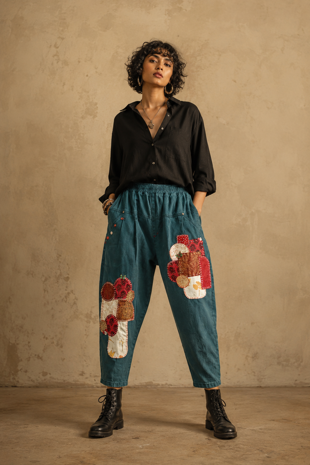 The Exotic Bohos Handcrafted Denim Trouser with Hand Painting, Hand Embroidery & Beads