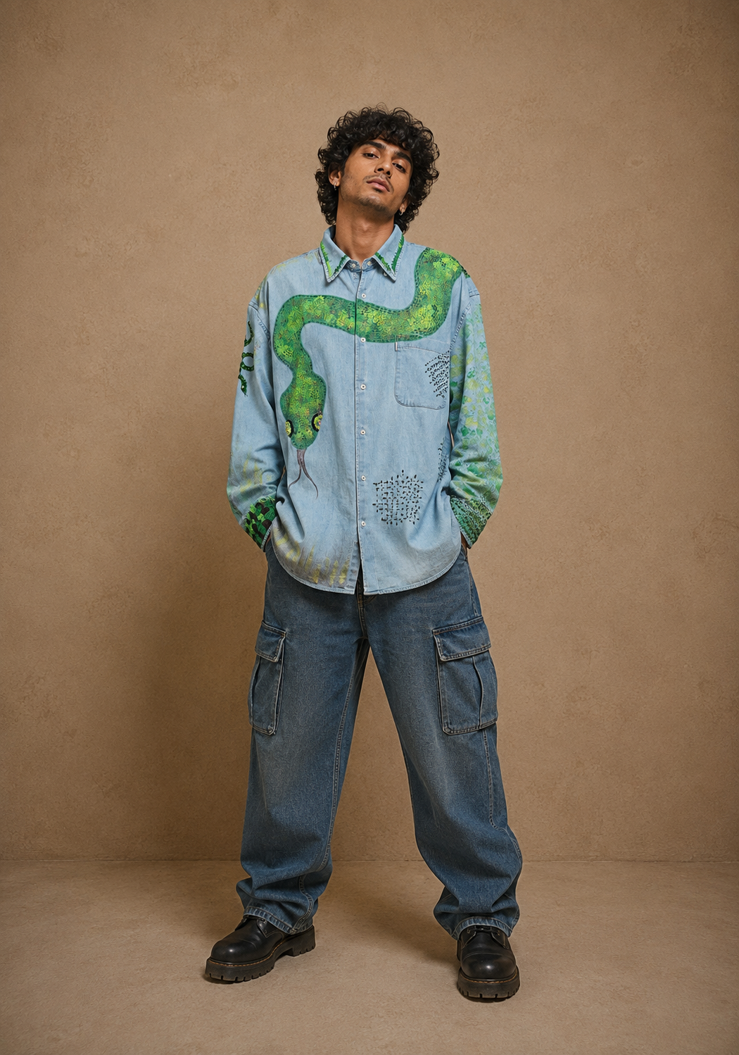 The Flora & Fauna Handcrafted Denim Unisex Shirt with Hand Painting, Hand Embroidery & Beads