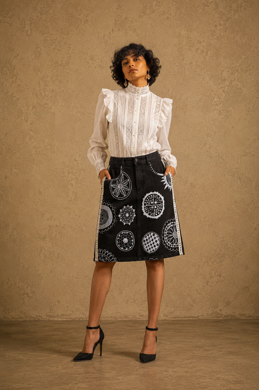 The Exotic Bohos Handcrafted Denim Skirt with Hand Painting, Hand Embroidery & Beads