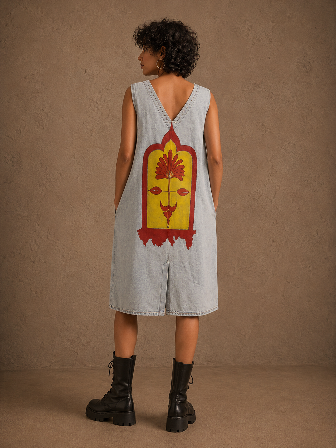 Khamma Ghani Handcrafted Denim Dangree with Patchwork, Embroidery & Beads