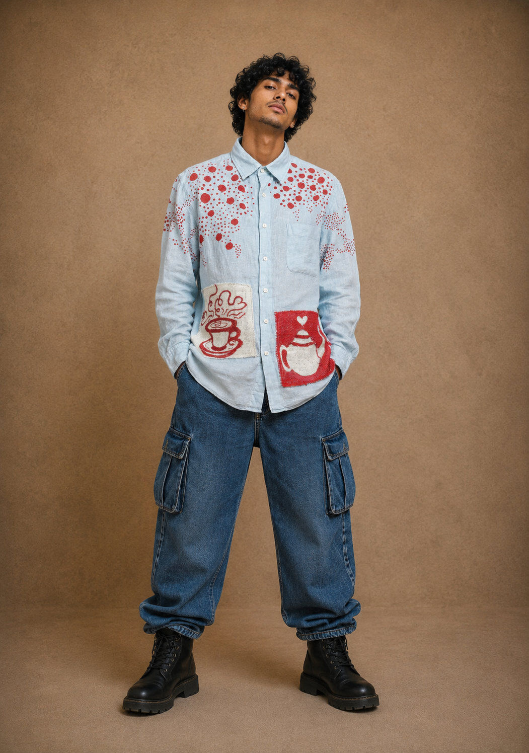 The Caffeine Evenings Handcrafted Linen Unisex Shirt with Hand Painting, Hand Embroidery & Beads