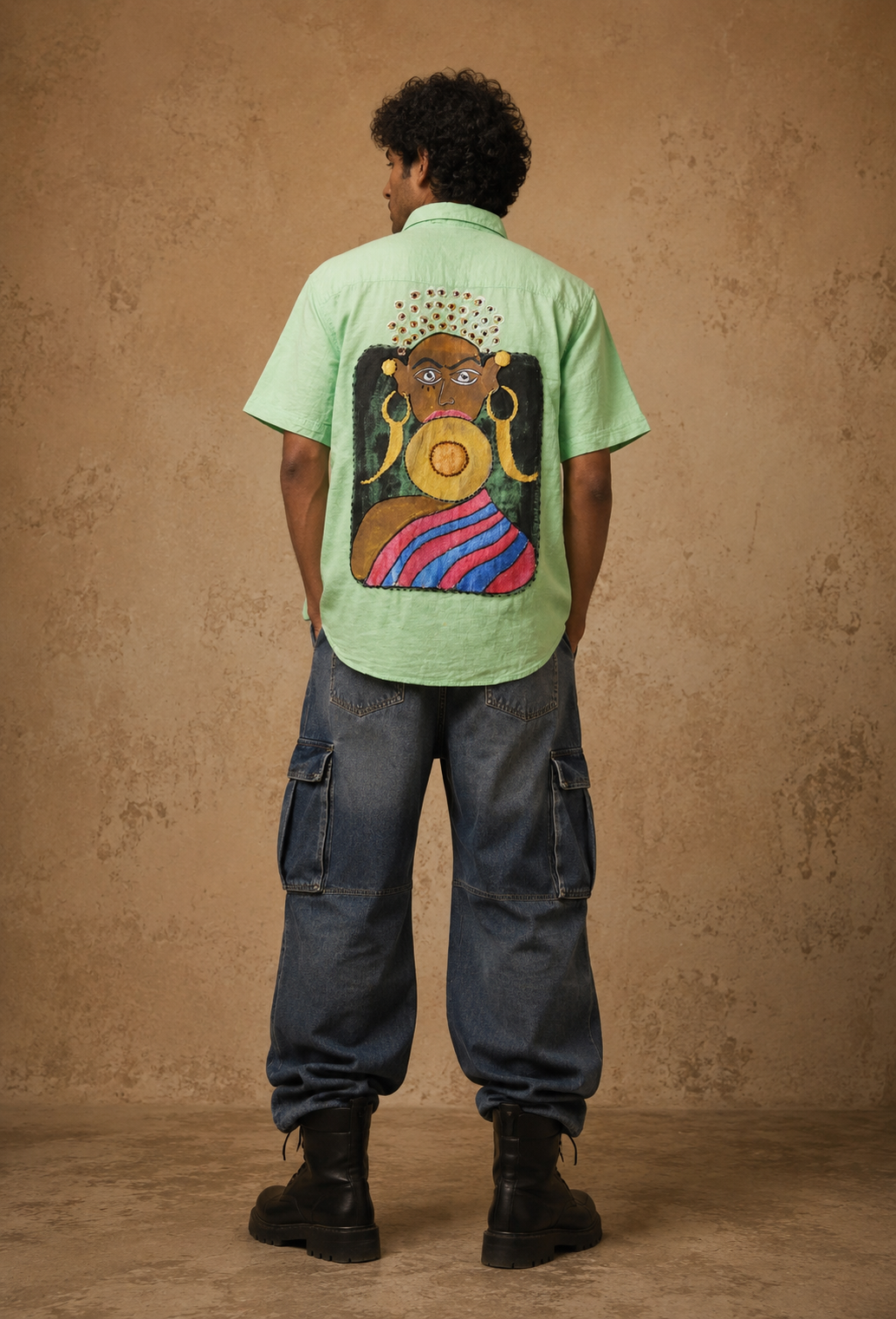 The Charismatic Tribes Handcrafted Cotton Unisex Shirt with Hand Painting, Hand Embroidery & Beads