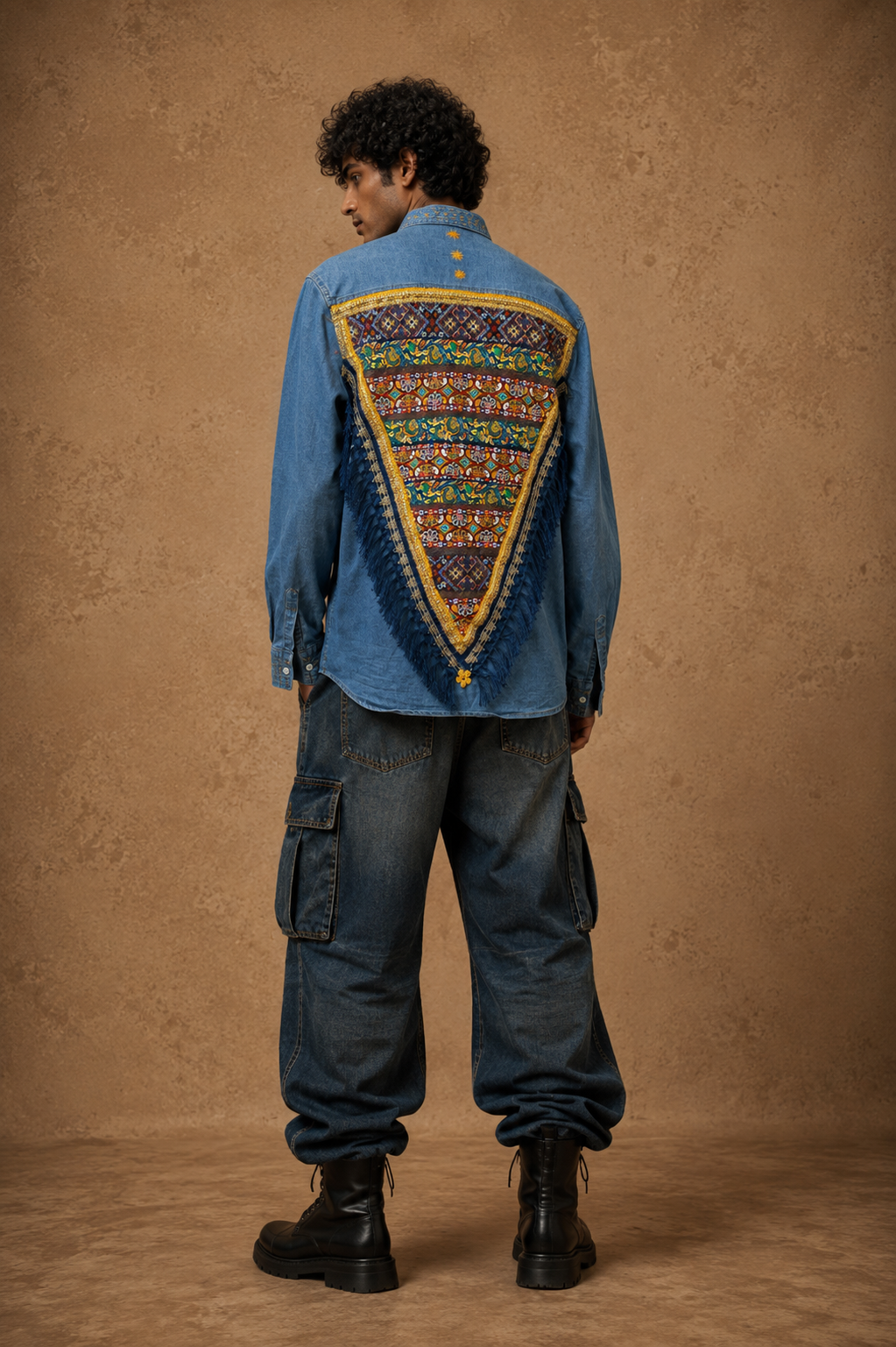 The Exotic Bohos Handcrafted Denim Unisex Shirt with Hand Painting, Hand Embroidery & Beads