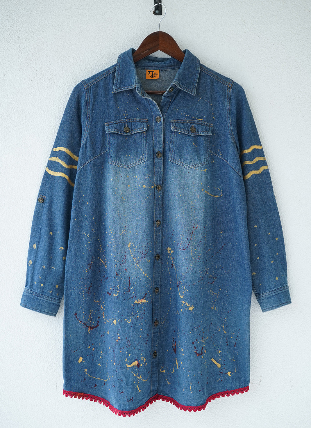Aanshik Handcrafted Denim Dress with Patchwork, Hand Painting & Hand Embroidery
